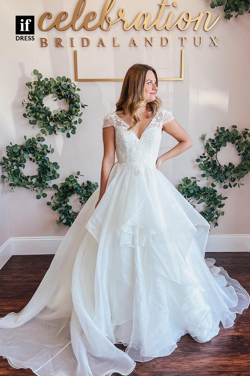 71052 - Chic Straps V-Neck A-Line Tulle Sweep Beach Wedding Dress