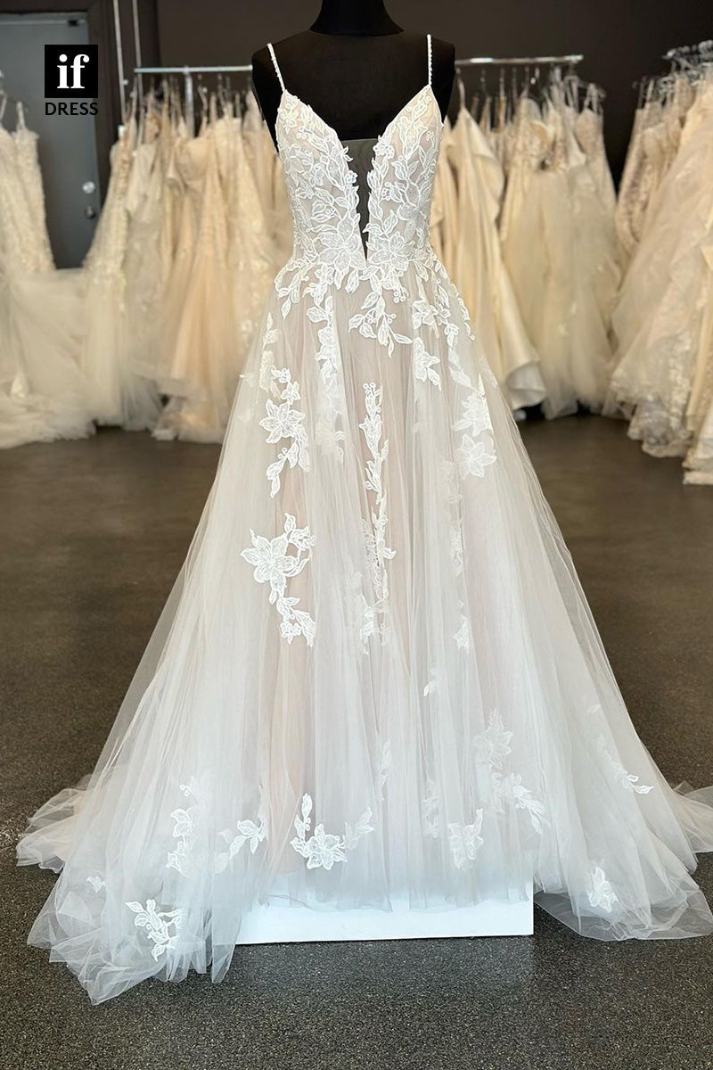 71054 - Classic Spaghett Straps V-Neck Lace Appliques Boho Wedding Dress