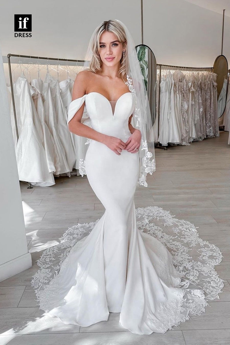 71056 - Timeless Off Shoulder Lace Appliques  Mermaid Beach Wedding Dress