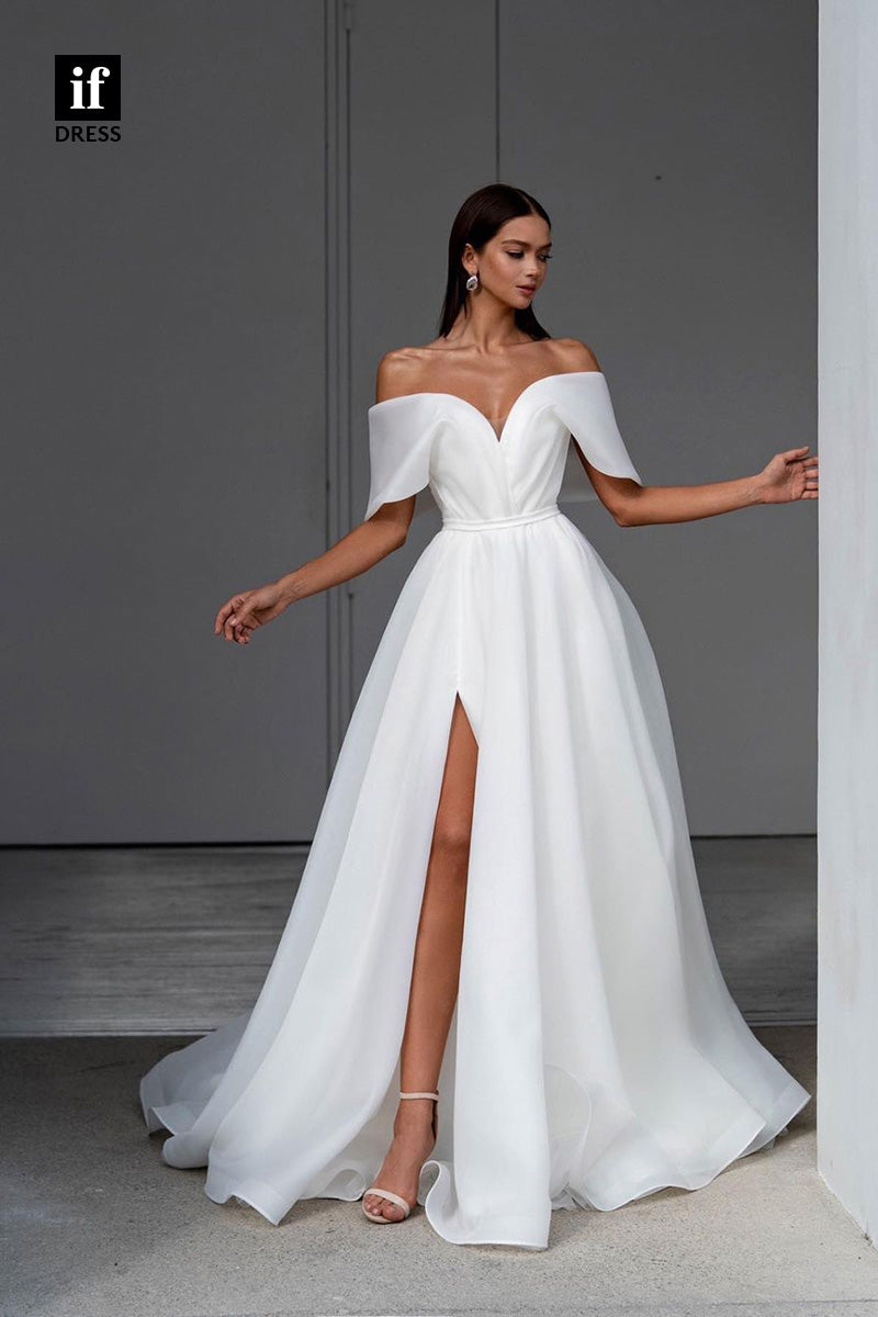 71063 - Off Shoulder V-Neck A-Line Cap Sleeves Boho Wedding Dress