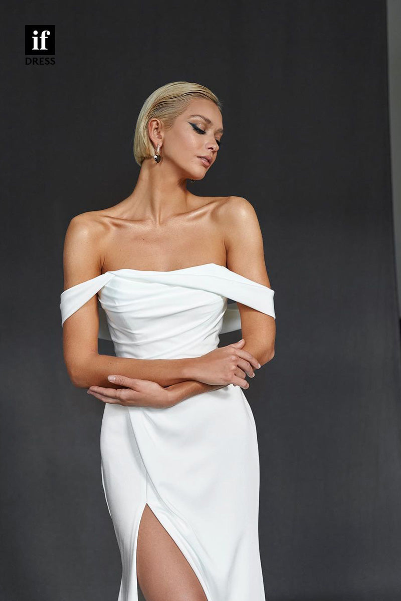 71064 - Classic Off Shoulder Pleats Side Slit Beach Wedding Dress