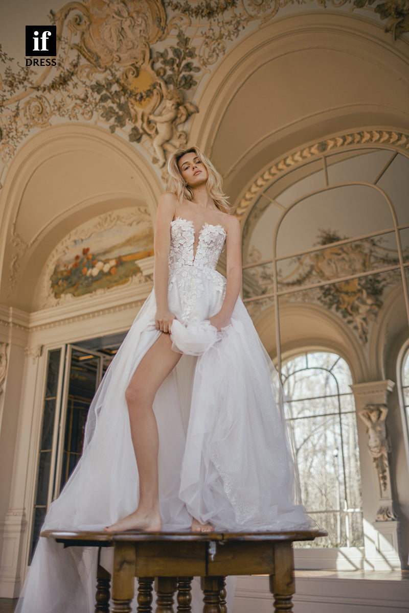 71065 - Charming Off Shoulder V-Neck Lace Appliques Boho Wedding Dress