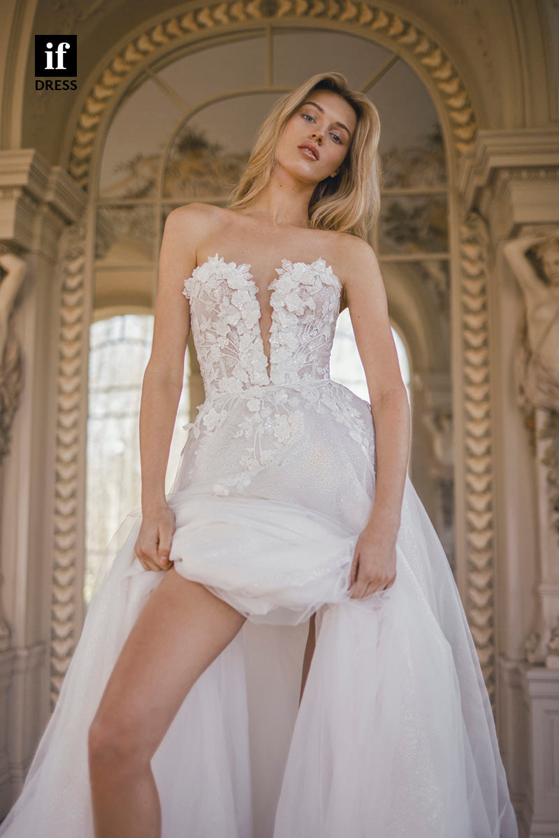 71065 - Charming Off Shoulder V-Neck Lace Appliques Boho Wedding Dress