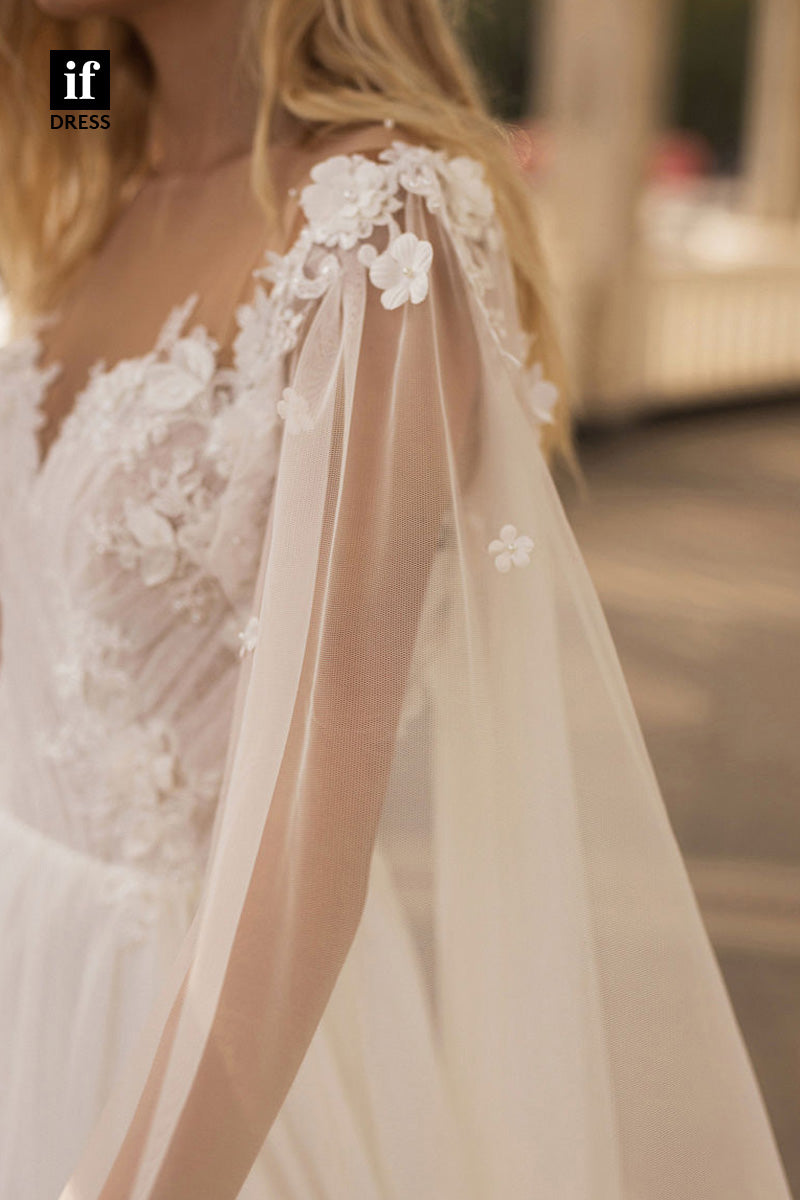 71069 - Off Shoulder V-Neck A-Line Appliques Beach Wedding Dress
