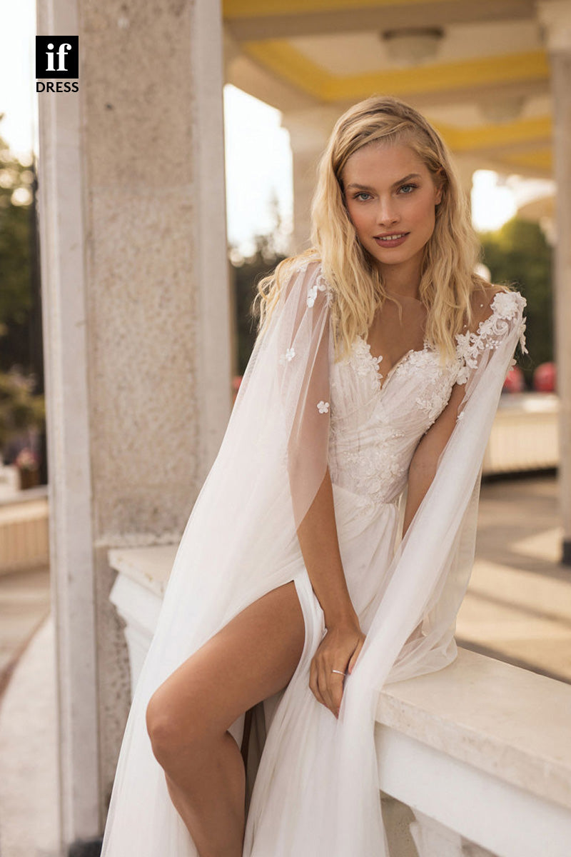 71069 - Off Shoulder V-Neck A-Line Appliques Beach Wedding Dress