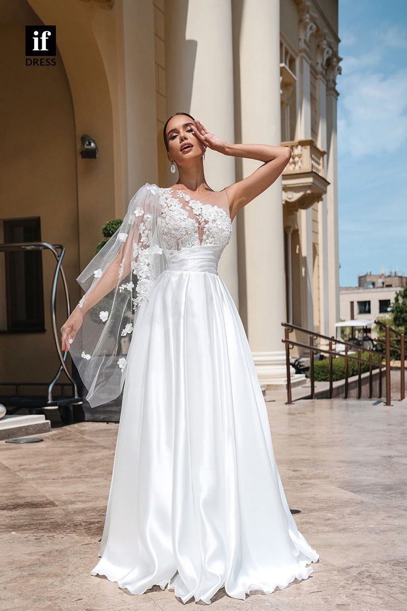 71070 - One Shoulder A-Line Ruched Lacec Appliques Boho Wedding Dress