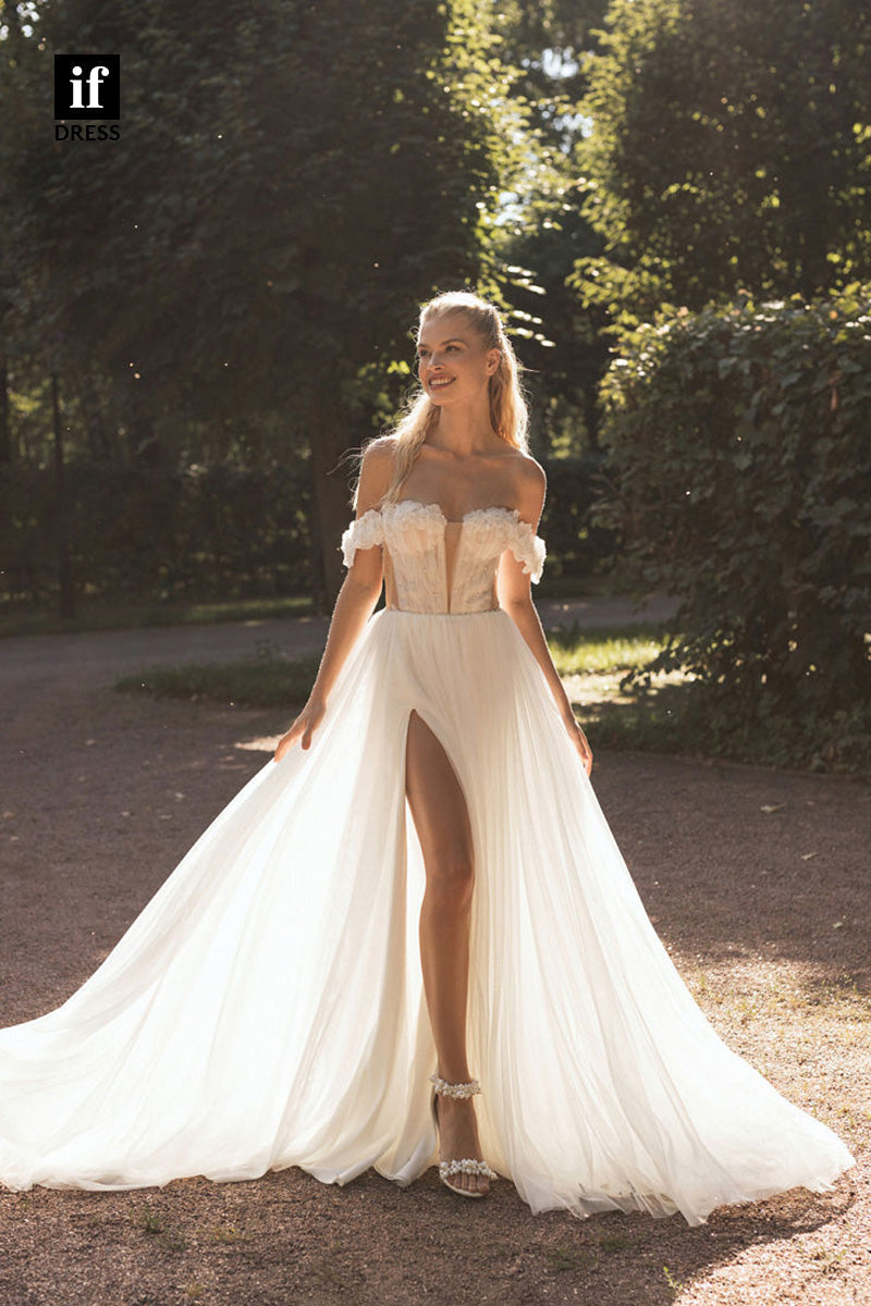 71071 - Off Shoulder A-Line Beads Appliques Illusion Neck  Boho Wedding Dress