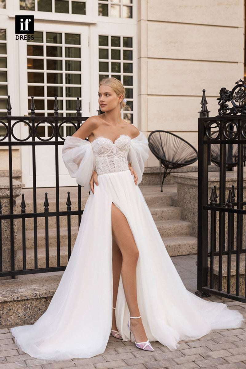 71073 - Off Shoulder Sweetheart A-Line Slit Bohemian Wedding Dress