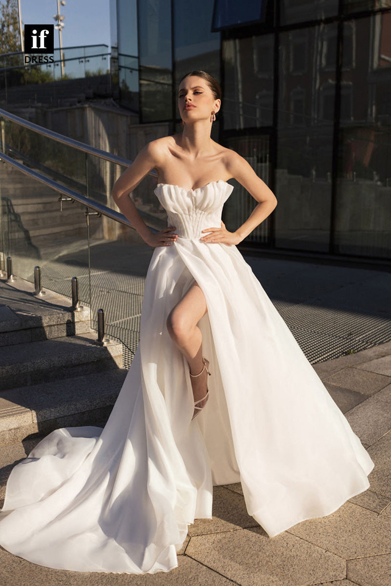 71074 - Off Shoulder A-Line Side Slit Ruched Boho Wedding Dress