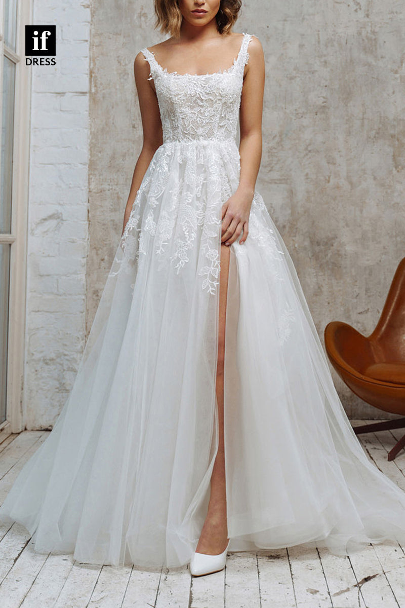 71077 - Straps A-Line Square Lace Appliques Sleeveless Bohemian Wedding Dress
