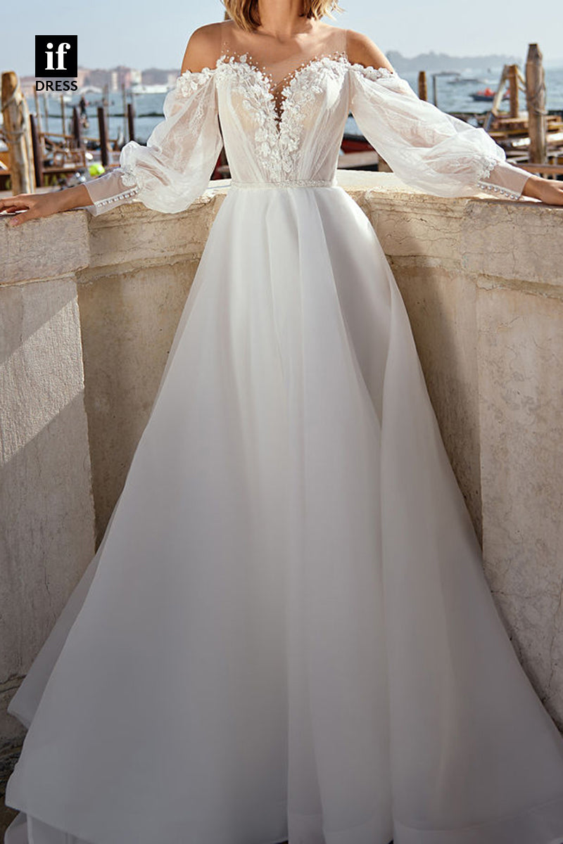 71084 - Wonderful V-Neck Long Sleeves A-Line Beach Wedding Dress