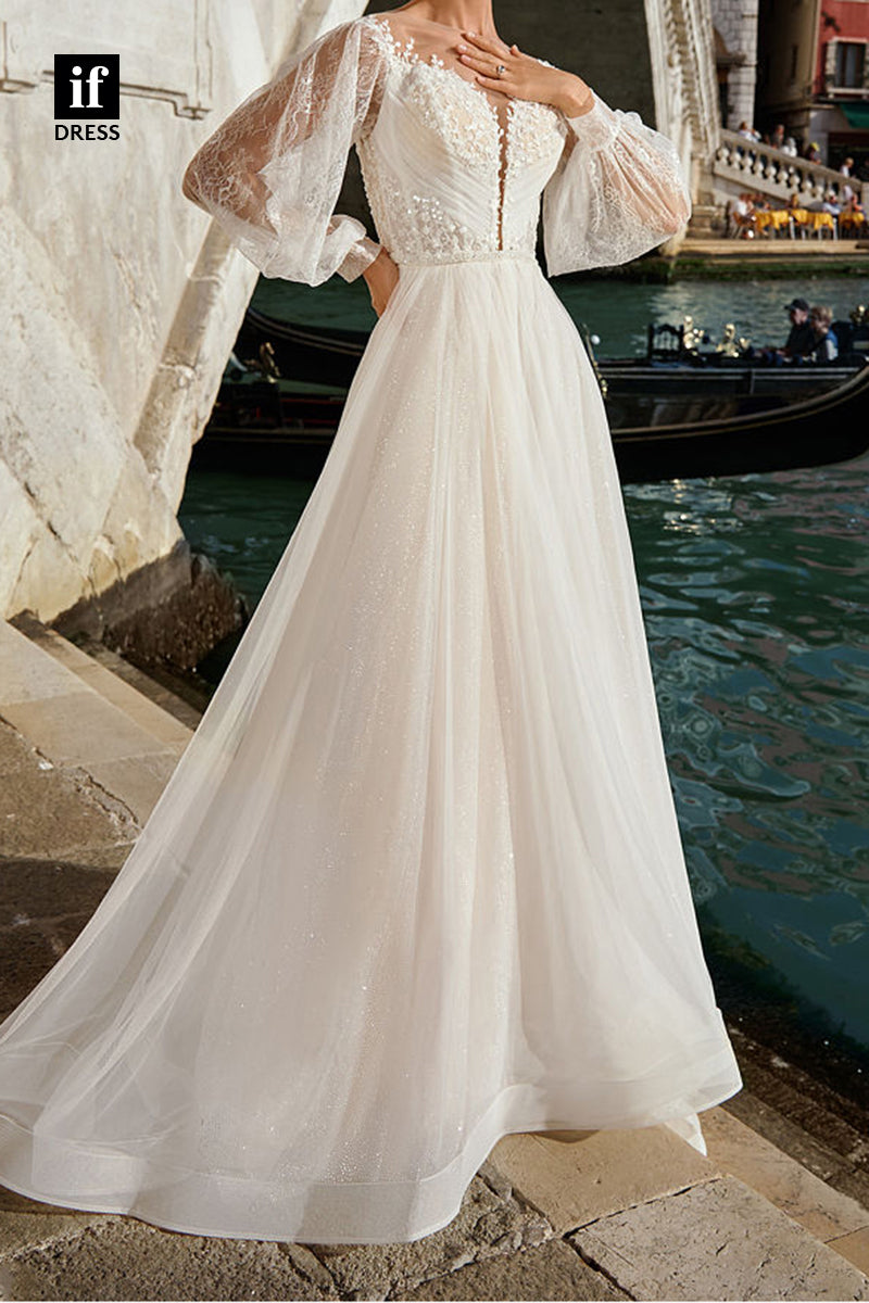 71085 - Stunning Long Sleeves V-Neck Appliques  A-Line Beach Wedding Gown