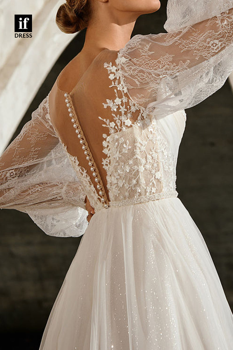 71085 - Stunning Long Sleeves V-Neck Appliques  A-Line Beach Wedding Gown