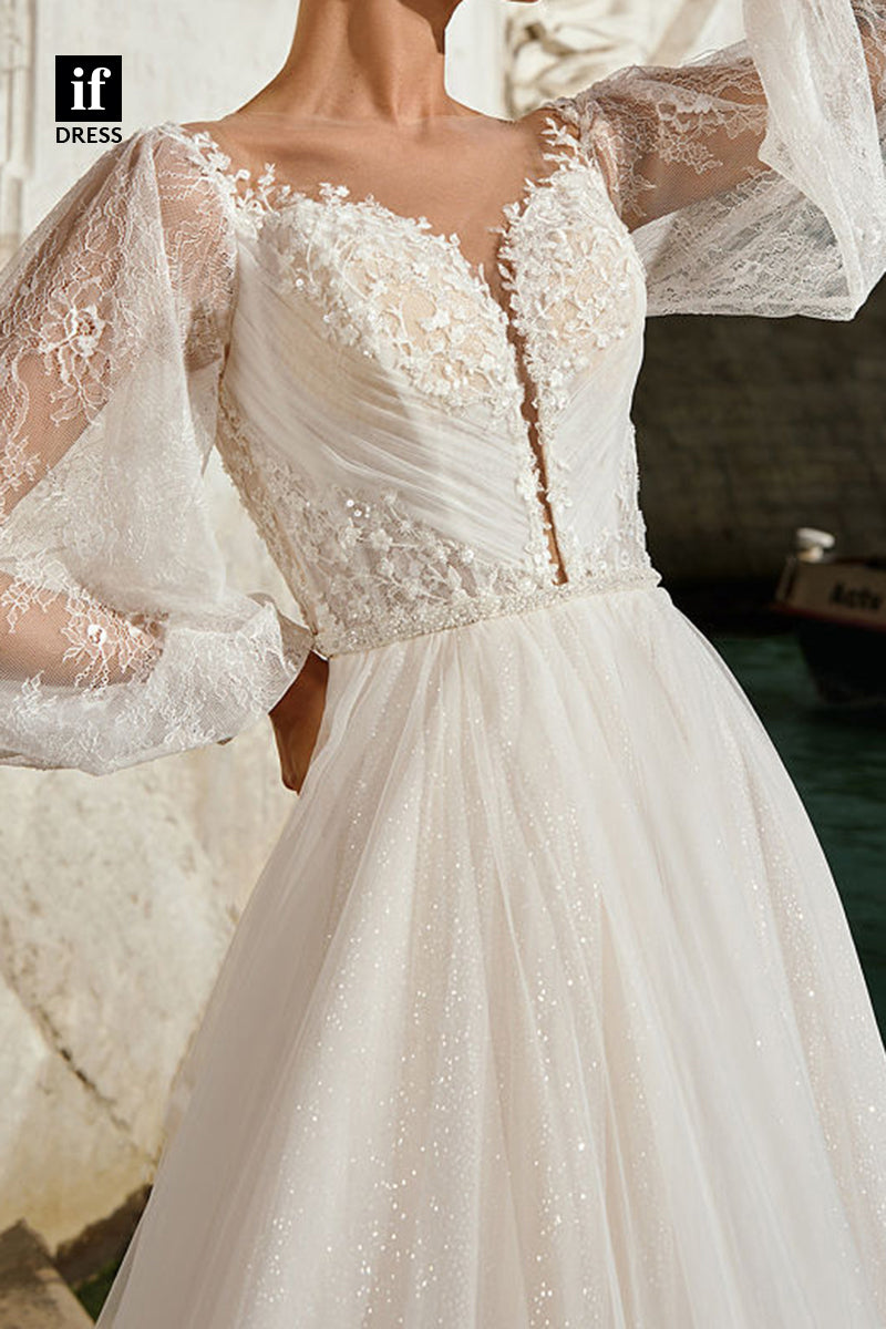 71085 - Stunning Long Sleeves V-Neck Appliques  A-Line Beach Wedding Gown