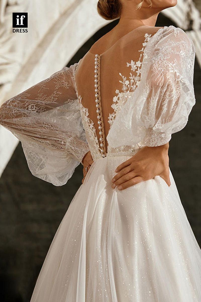 71085 - Stunning Long Sleeves V-Neck Appliques  A-Line Beach Wedding Gown