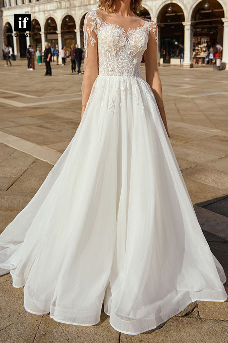 71086 - A-Line Appliques V-Neck Illusion Bohemian Wedding Dress