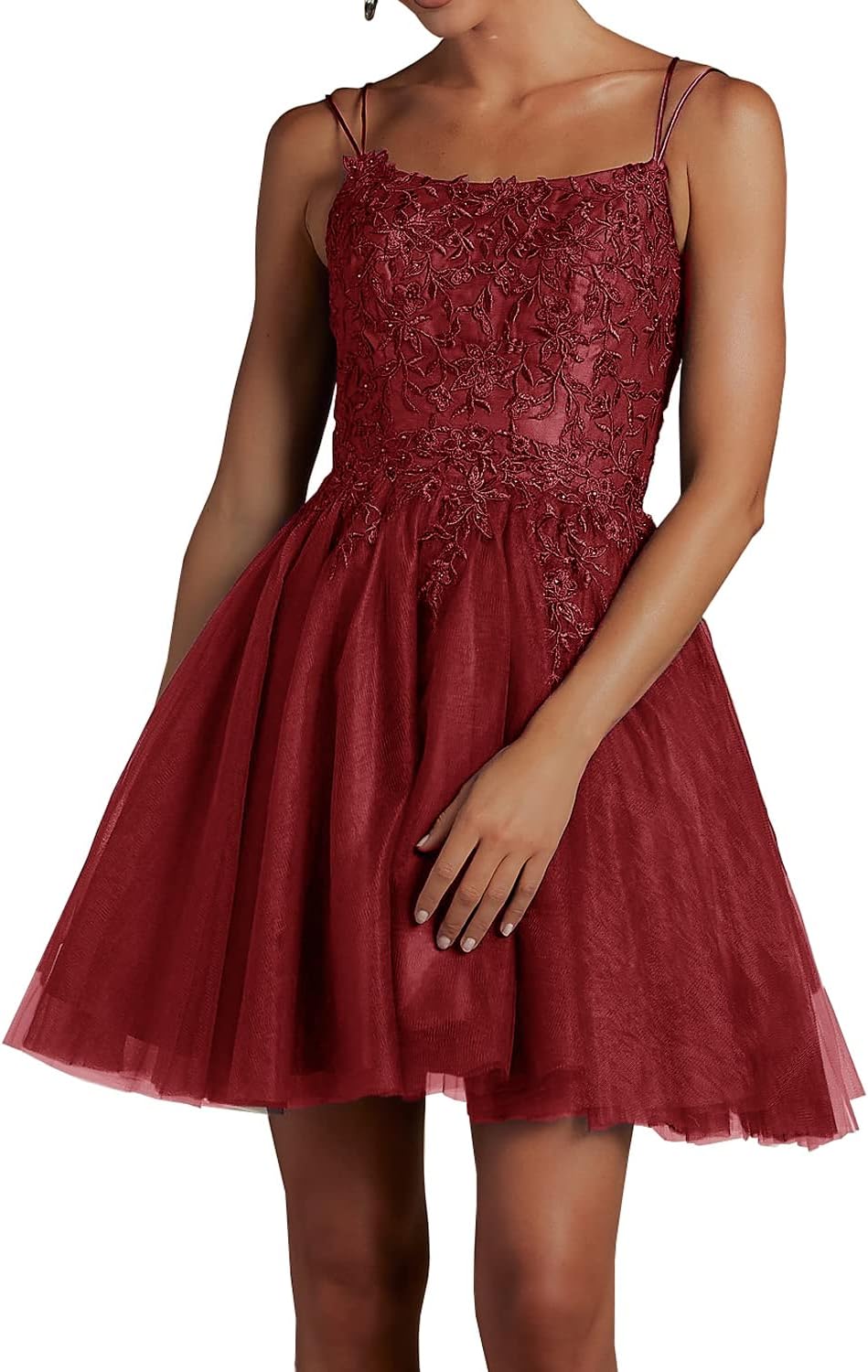 Modest Lace Beaded Tulle Homecoming Dresses Short Square Neck Prom Dress Spaghetti Straps Party Gown - View 10 | VelvetHem