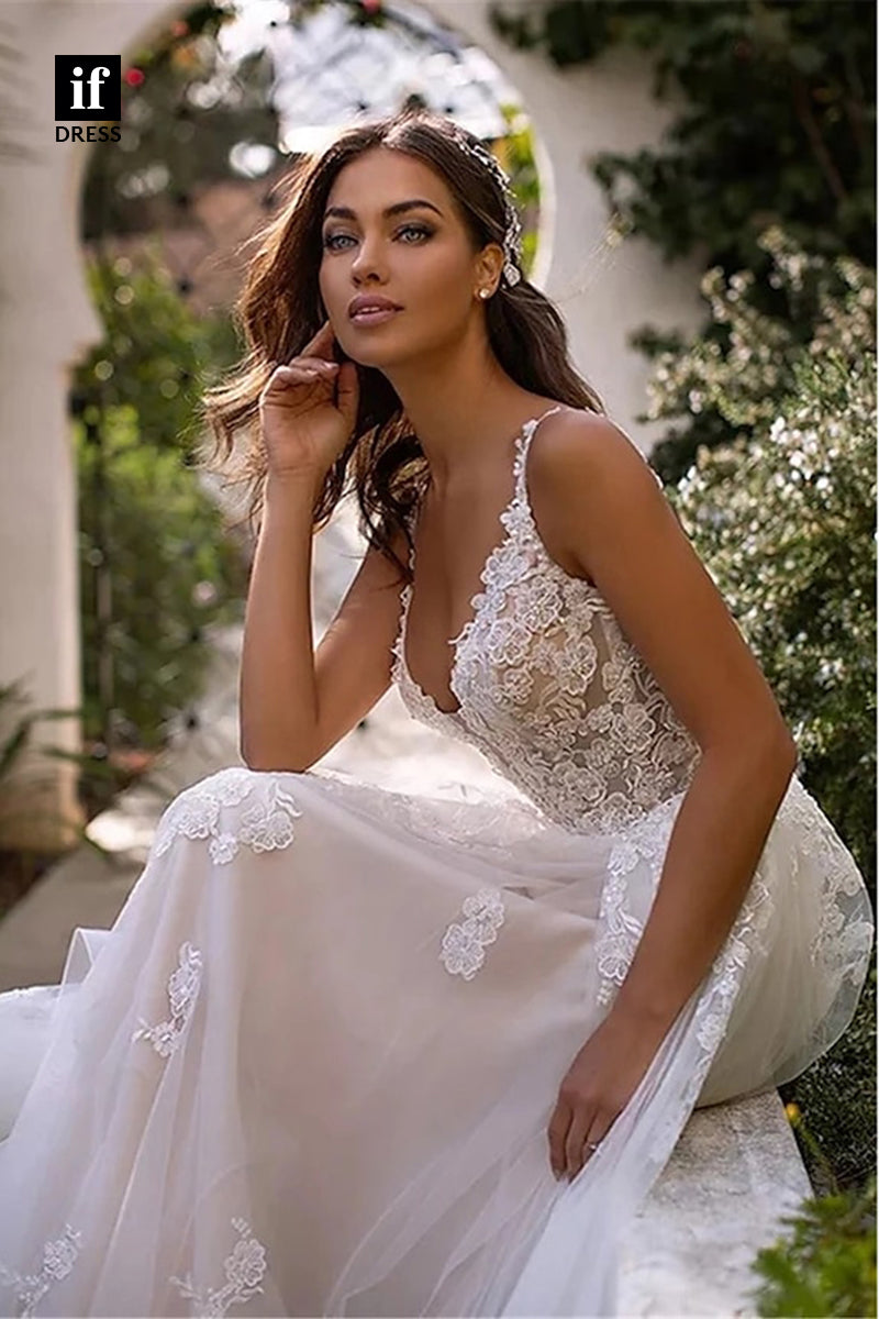 71105 - Glamorous Straps V-Neck Lace Appliques Bohemain Wedding Dress with Train