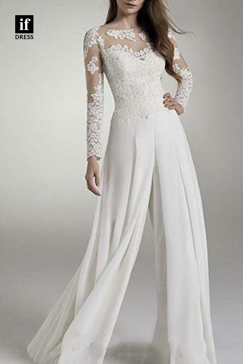 71108 - Classic Lace Long Sleeves Jumpsuits/Rompers Boho Wedding Gown