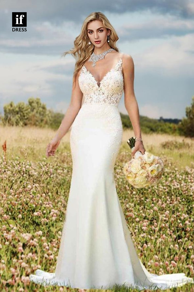 71111 - Classic Straps V-Neck Lace Appliques Boho Wedding Dress with Train