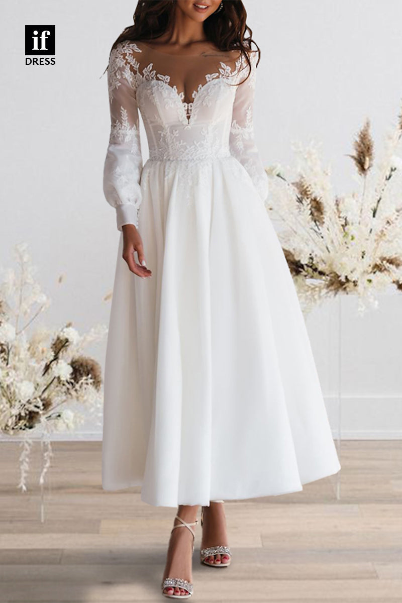 71112 - A-Line V-Neck Pleats Long Sleeves Appliques Beach Wedding Dress