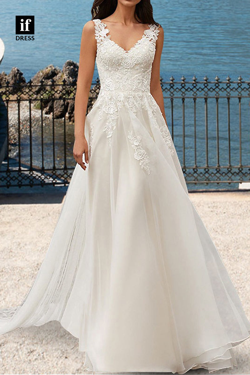 71114 - Romantic A-Line Straps Lace Appliques Beach Weddidng Dress