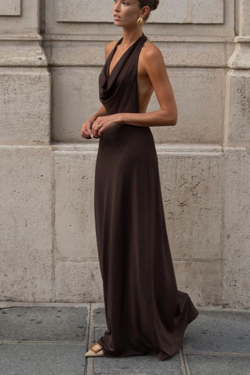 Brown Halter Backless Relaxed Dress for Boutique Fashion Look