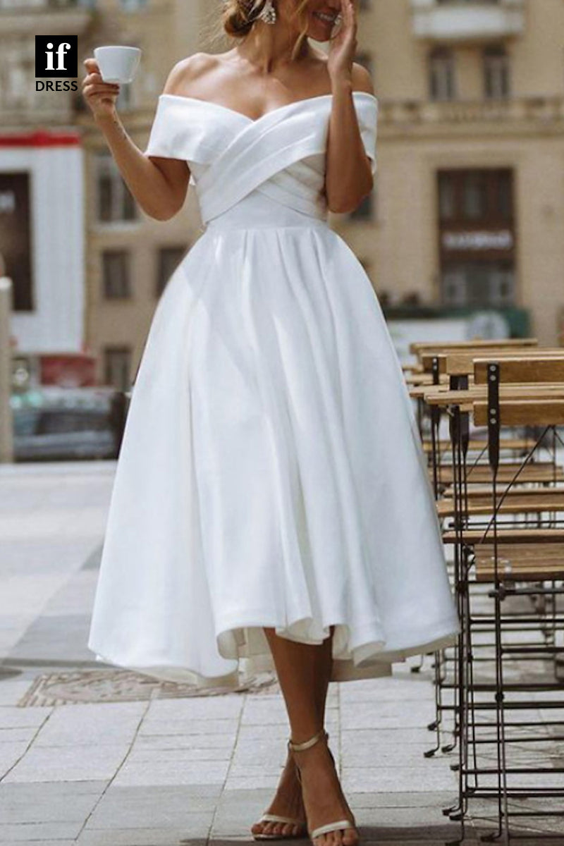 71117 - Classy Strapless A-Line Pleated Cap Sleeves Satin Boho Wedding Gown