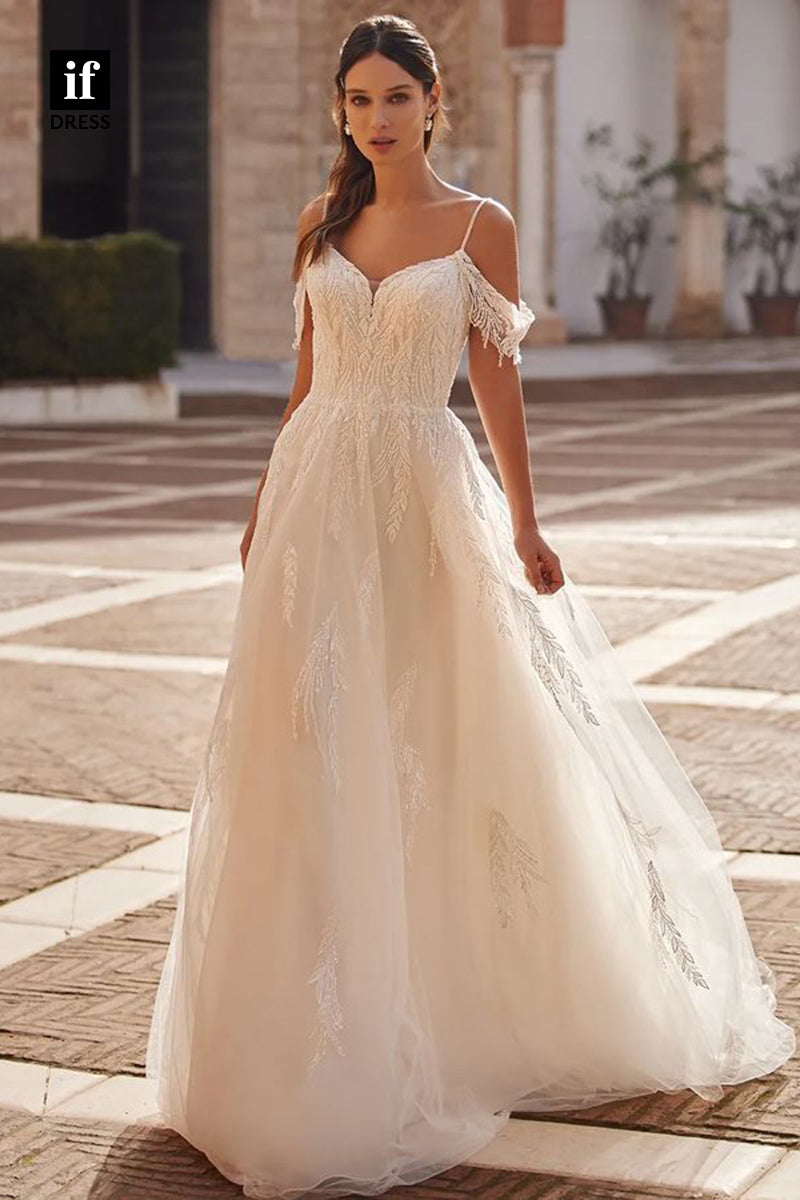 71119 - A-Line Spaghetti Straps V-Neck Appliques Boho Wedding Dress with Train