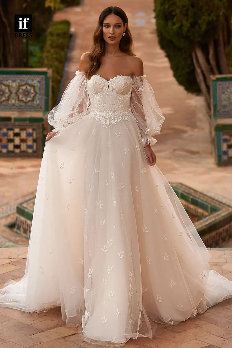 71120 - Charming Strapless Sweetheart Appliques Tulle Bohemian Wedding Dress with Train