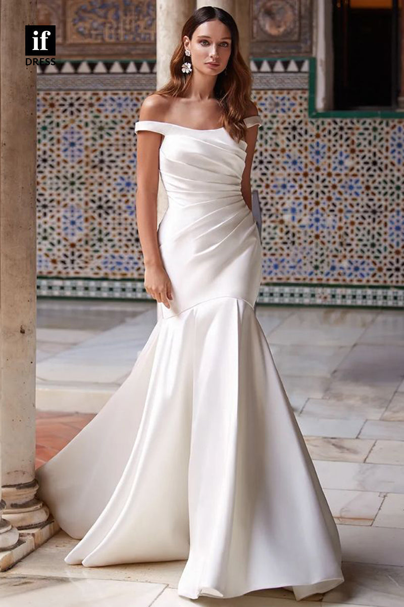 71121 - Mermaid/Trumpet Strapless Pleats Satin Bohemian Wedding Dress with Train