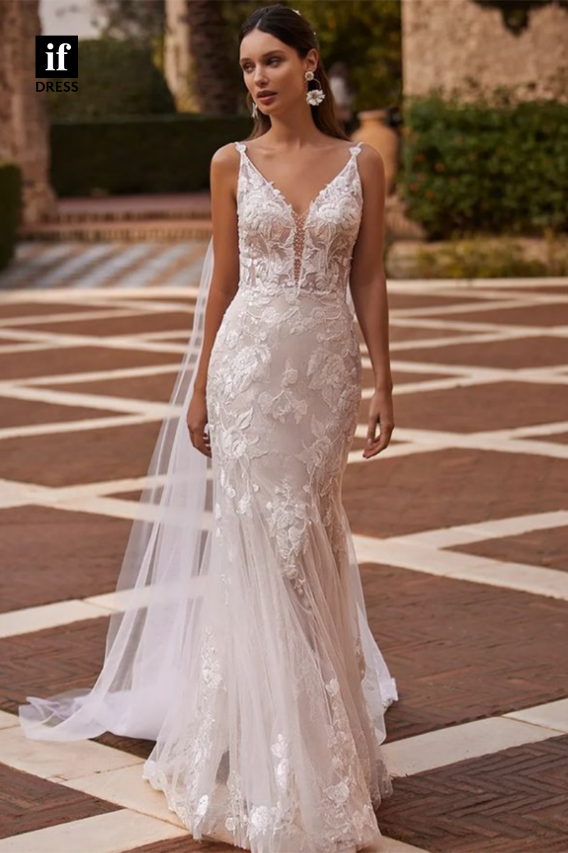 71123 - Classy Straps V-Neck Lace Appliques Bohemian Wedding Gown with Train