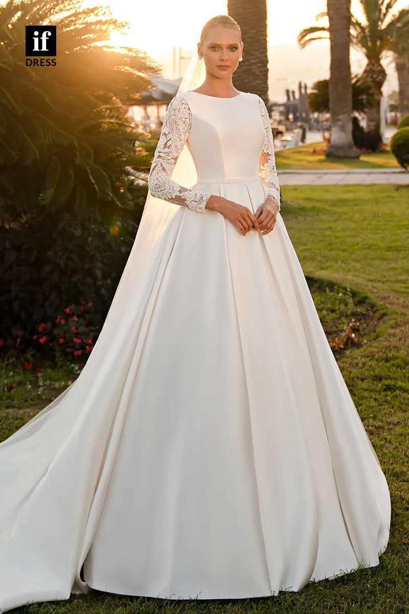 71124 - A-Line Scoop Long Sleeves Pleats Satin Beach Wedding Dress with Train