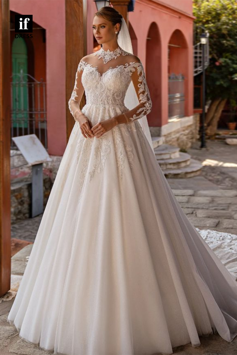 71125 - Elegant A-Line Illusion Neck Lace Appliques Boho Wedding Dress with Train