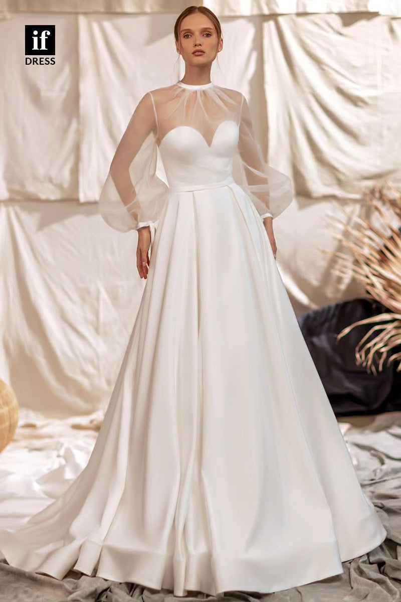 71128 - A-Line Simple High Neck Pleated Satin Neach Wedding Gown with Sleeves