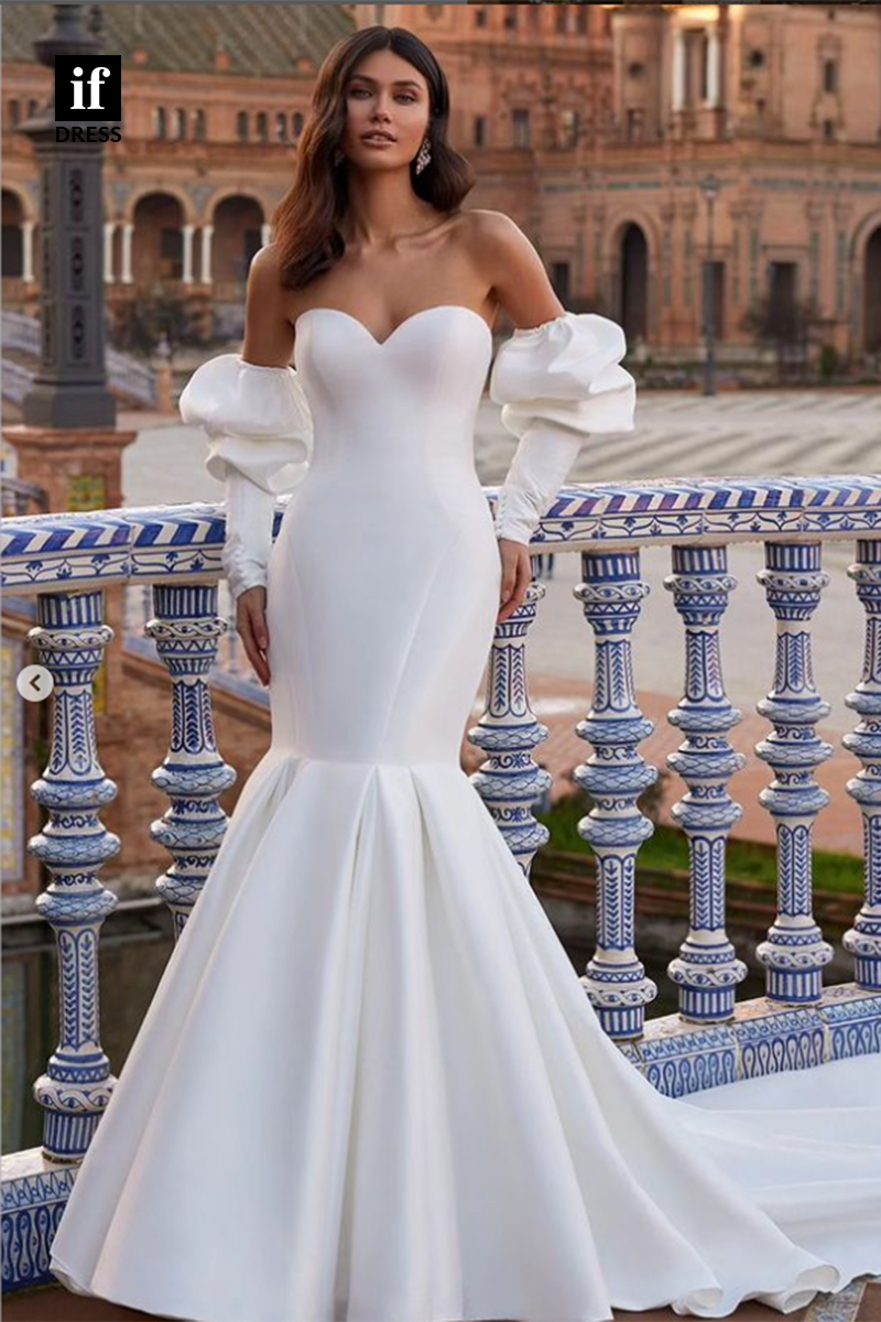 71137 - Modern Strapless Mermaid Sweetheart Sleeves Beach Wedding Dress with Train