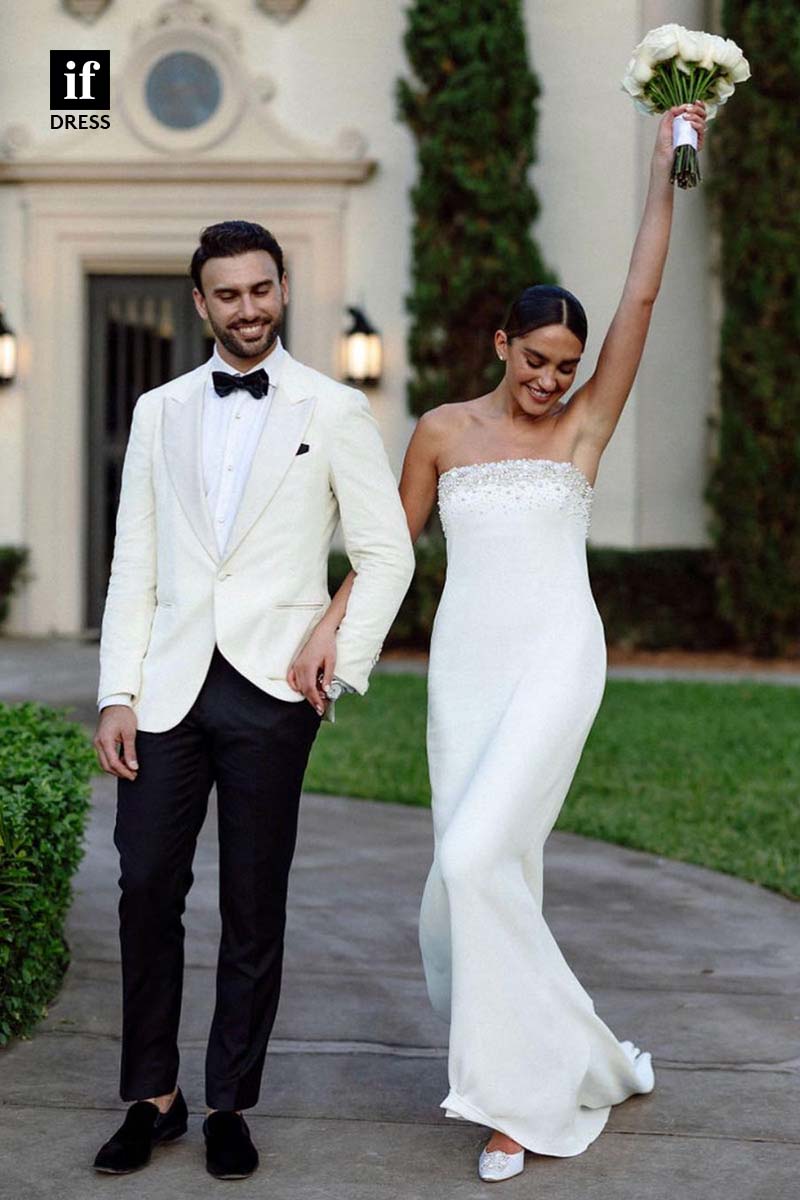 71153 - Classic Off Shoulder Scoop Beads Satin Bohemian Wedding Dress