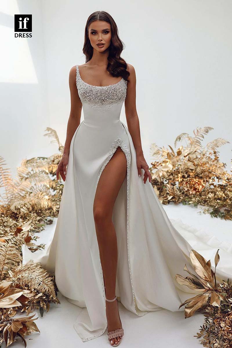 71158 - Spaghetti Straps Scoop A-Line Beads Slit Boho Wedding Dress