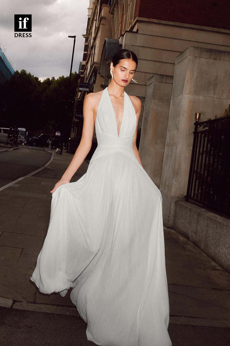 71163 - Sexy Halter V-Neck Ruched A-Line Sleeveless Boho Wedding Dress