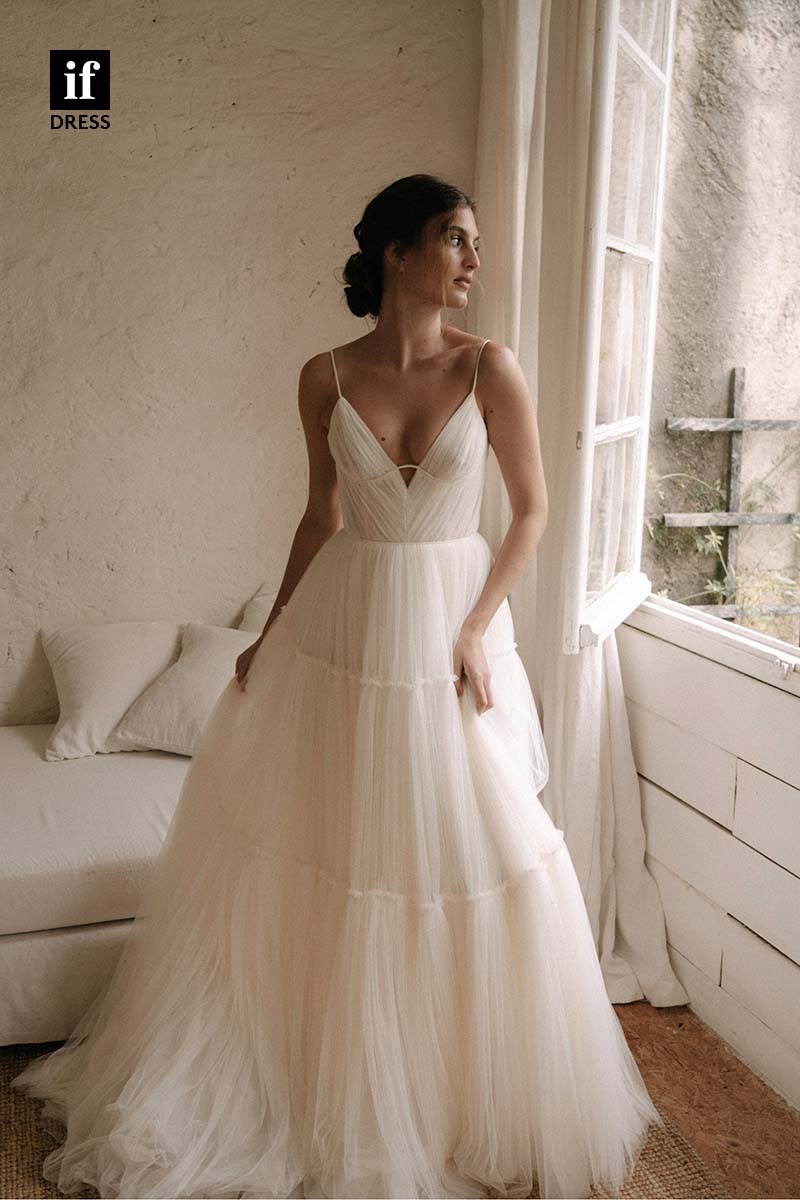 71167 - Spaghetti Straps Low V-Neck A-Line Tulle Beach Wedding Dress