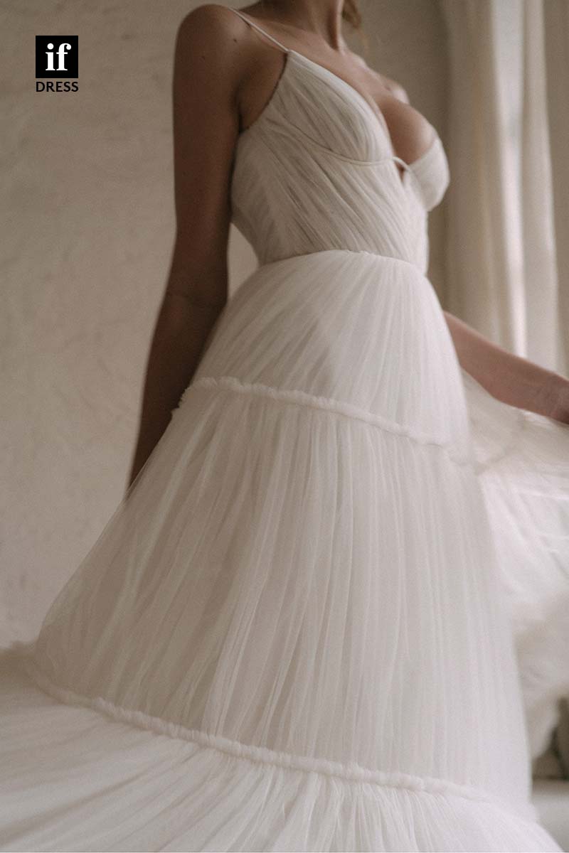71167 - Spaghetti Straps Low V-Neck A-Line Tulle Beach Wedding Dress