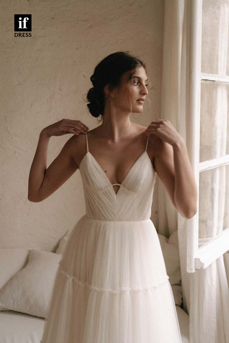 71167 - Spaghetti Straps Low V-Neck A-Line Tulle Beach Wedding Dress