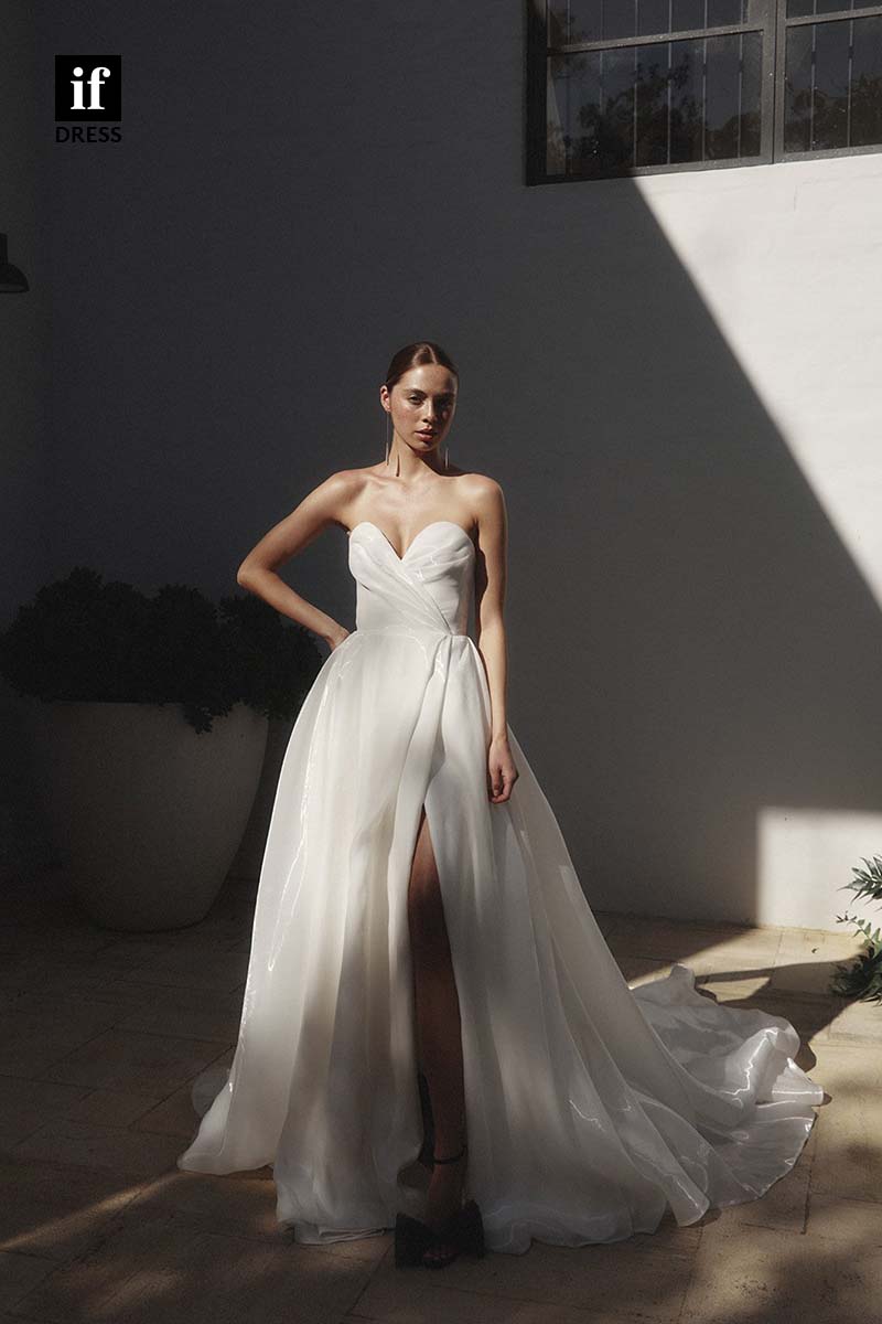 71168 - Charming Off Shoulder A-Line High Slit Tulle Beach Wedding Dress