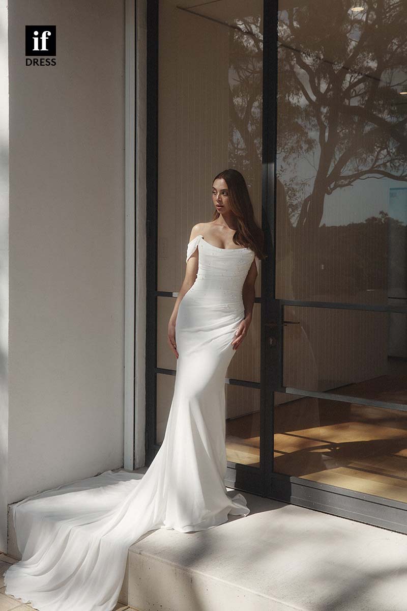 71170 - Chic Strapless Scoop Cap Sleeves Beads Sheath Boho Wedding Dress