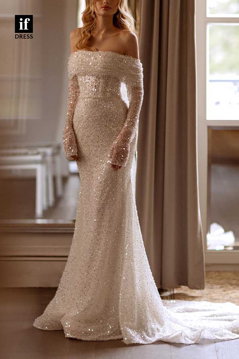 71176 - Classy Off-Shoulder Sequins Mermaid Long Sleeves Beach Wedding Dress