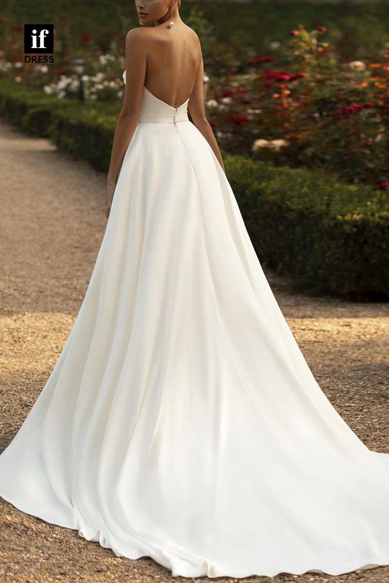 71180 - Chic Strapless V-Neck High Slit Satin Beach Wedding Dress with Train