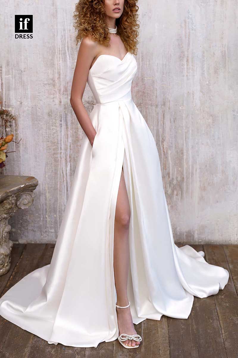 71182 - Simple A-Line Strapless Pleats High Slit Satin Beach Wedding Dress