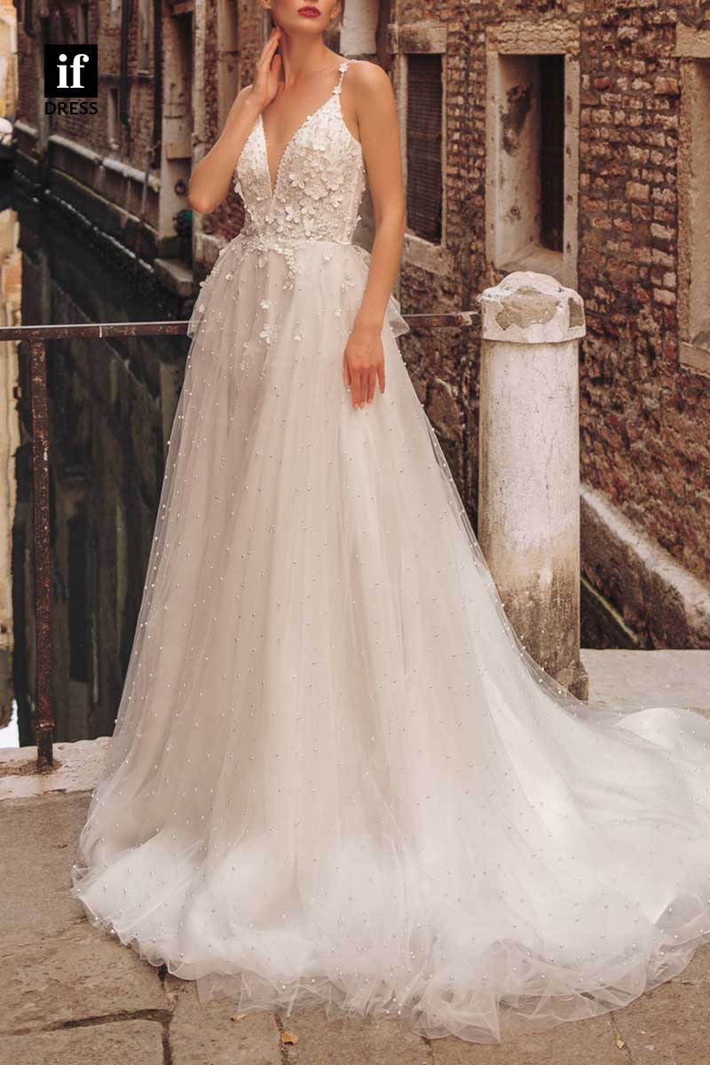 71186 - Spaghetti Straps V-Neck A-Line Beads Appliques Boho Wedding Dress