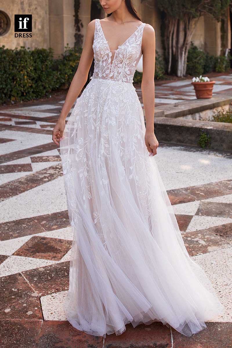 71188 - Vintage Straps V-Neck Lace Appliques Tulle Beach Wedding Dress