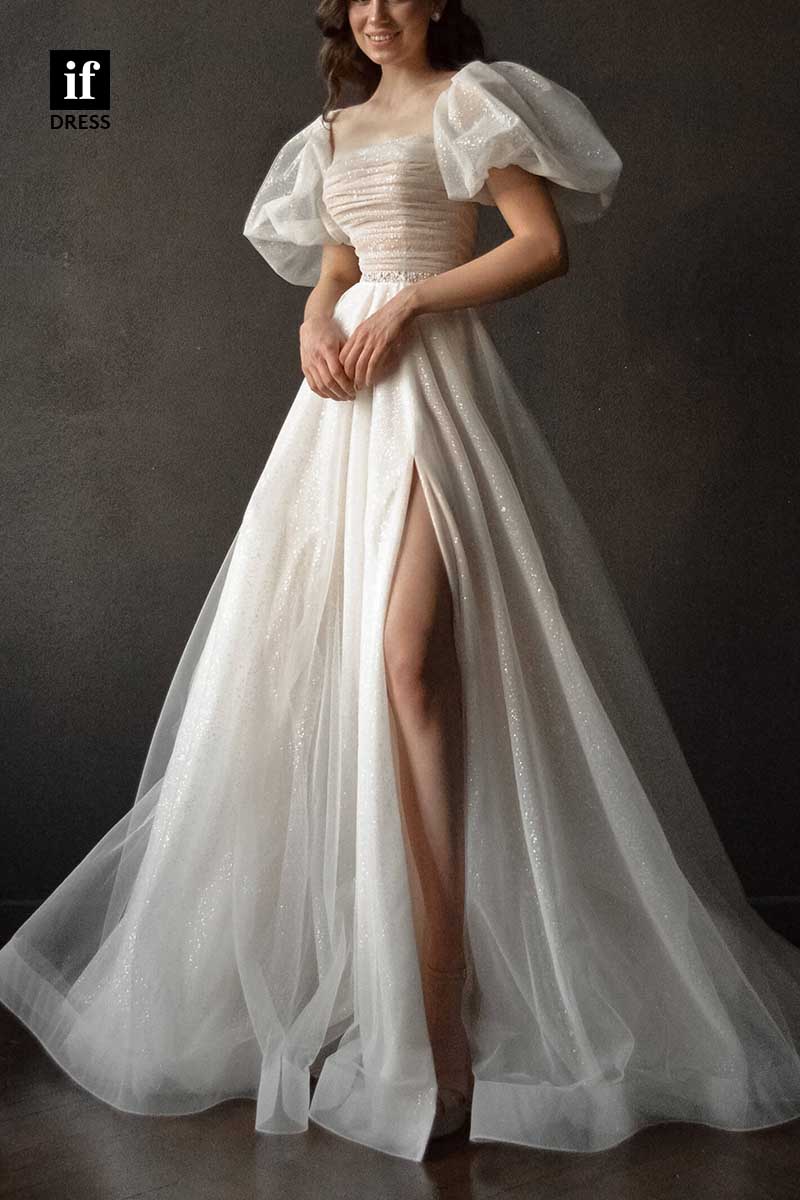 71197 - Classy A-Line Short Sleeves High Side Tulle Beach Wedding Dress
